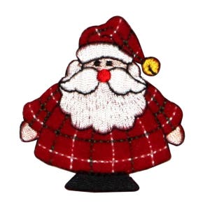 May include: Embroidered iron-on patch of a red and white plaid Santa Claus with a white beard and a gold bell on his hat.