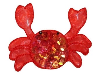 ID 0317A Red Sequin Crab Patch Tropical Sea Life Embroidered Iron On Applique