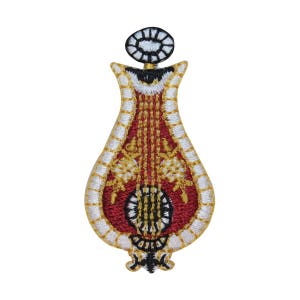 May include: An embroidered patch featuring a red and gold lyre, a stringed musical instrument, with white accents. The lyre is surrounded by a white border with gold details.