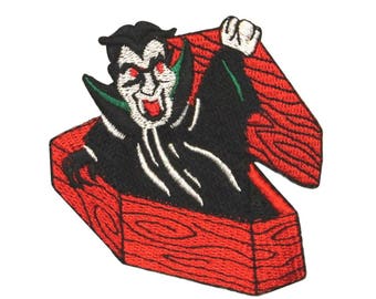 ID 0888 Vampire In Coffin Patch Halloween Dracula Embroidered Iron On Applique