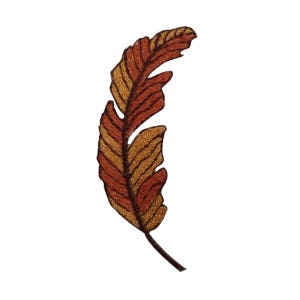 May include: Embroidered feather patch in shades of brown and gold. The feather has a detailed design with a dark brown stem. The patch is likely for clothing or craft projects.