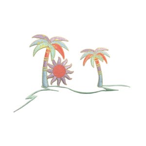May include: Embroidered patch featuring two colorful palm trees with a pink sun in the center. The trees have purple, pink, and green leaves and yellow trunks. The sun has a pink center and yellow rays.