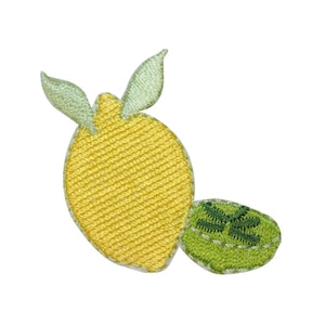 May include: A yellow embroidered lemon with green leaves. The lemon is stitched with a textured pattern and the leaves are stitched with a simple outline.