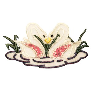 ID 0505 Swans Kissing Patch Romantic Lake Swim Embroidered Bird Iron On Applique