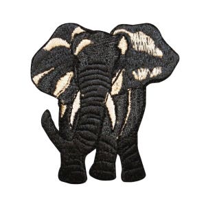 Könnte beinhalten: Schwarz-weiß gestickter Bügel-Patch mit einem Elefanten. Der Elefant hat ein gestreiftes Muster auf seinem Körper und einen weißen Umriss.