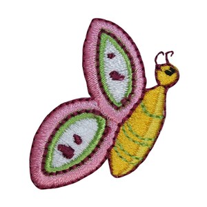 May include: Embroidered iron-on patch of a pink and yellow butterfly with green accents.