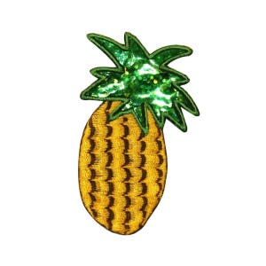 Può includere: Un ananas giallo con la parte superiore verde di paillettes. L'ananas è ricamato con un motivo testurizzato.