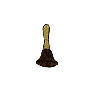 May include: A brown and tan hand-stitched bell with a handle. The bell is a traditional design and is often used for crafts and decorations.