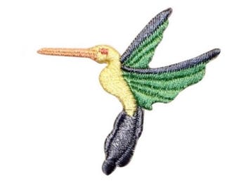 May include: A yellow and green embroidered hummingbird patch with a black tail. The hummingbird is in flight with its wings spread out.