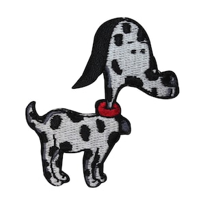 May include: Black and white embroidered patch of a cartoon dalmatian dog wearing a red collar. The dog has a long, thin body and a long, thin tail.