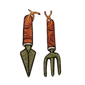 May include: Two embroidered iron-on patches depicting gardening tools. One patch is a green trowel with a brown wooden handle. The other patch is a green hand rake with a brown wooden handle.