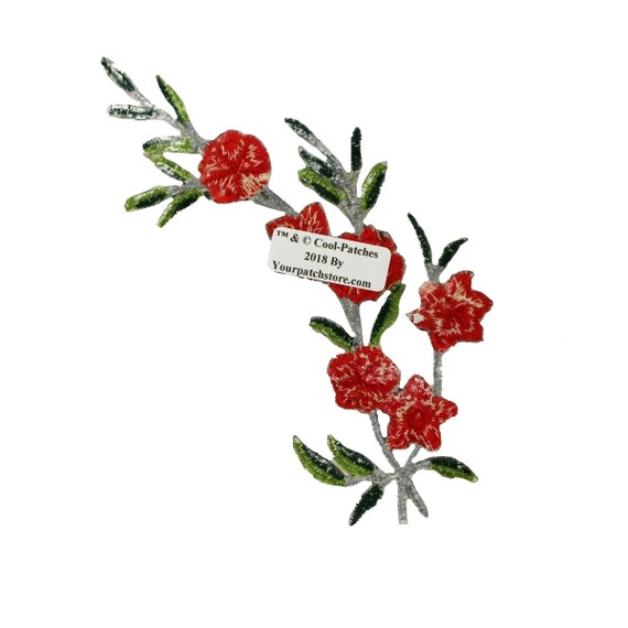 ID 6703 Red Blossom Flower Patch Plant Branch Stem Iron On EmbroideredApplique