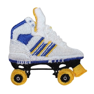 May include: White roller skate with blue and yellow stripes. The skate has black wheels with yellow rims.