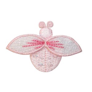 May include: A pink embroidered bee with translucent wings and red accents. The bee is a popular motif for children's clothing and accessories.