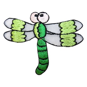 May include: Green and white embroidered iron-on patch of a dragonfly with large eyes.