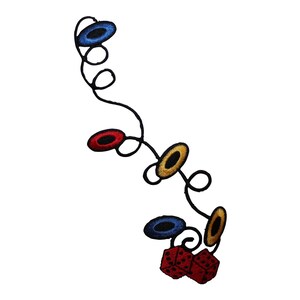 May include: An embroidered patch with a black string of colorful circles and two red dice.