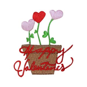 May include: Embroidered patch featuring a brown flower pot with three flowers. The flowers are pink and red hearts with green stems and leaves. The text "Happy Valentines" is embroidered in red on the pot.