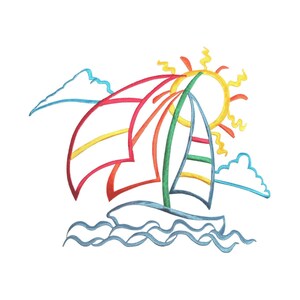 May include: A colorful line drawing of a sailboat with a red, orange, yellow, and green sail. The sailboat is sailing on blue waves under a yellow sun with a blue sky.