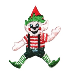 May include: A green and red Christmas elf with a striped shirt and green pants. The elf is smiling and has a pointed hat.