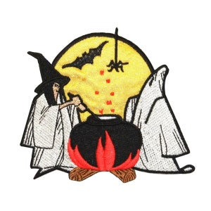 May include: An embroidered iron-on patch depicting a witch stirring a cauldron with a ghost and a bat in the background. The cauldron is on a fire and the background is a yellow moon.