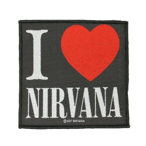 May include: Black and white embroidered patch with a red heart and the text "I love Nirvana".