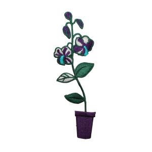 May include: An embroidered patch of a purple orchid plant in a purple pot with green leaves and stems.