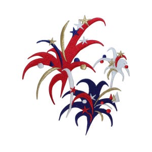 May include: Red, white, and blue embroidered firework design. The fireworks are stylized with gold accents and white stars.