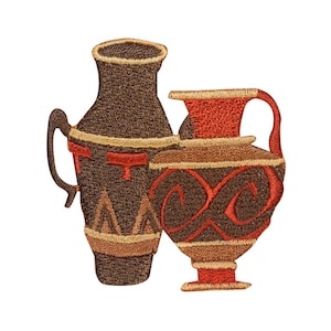 May include: Two embroidered ceramic vases with intricate designs. The larger vase is brown with gold and red accents. The smaller vase is brown with gold and red accents and has a handle.
