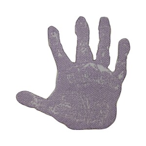 May include: A purple handprint on a white background. The handprint is made of a textured fabric.