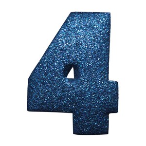 May include: A blue glitter number four. The number is made of foam and covered in blue glitter.