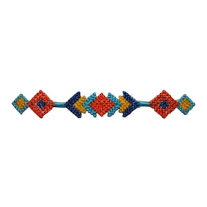 May include: A colorful geometric design made of woven thread. The design features a series of connected diamonds in shades of blue, orange, yellow, and red.