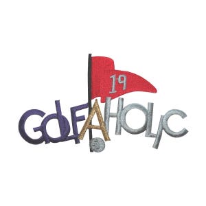 May include: Purple, gold, and silver embroidered patch with the word "GOLFAHOLIC" and a red golf flag with the number "19" on it.