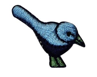 ID 0522 Tiny Blue Jay Bird Patch Small Standing Embroidered Iron On Applique