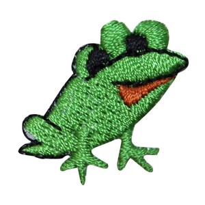 Peut inclure: Patch brodé de grenouille verte avec des yeux noirs et une bouche orange.