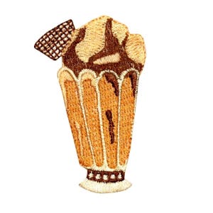 May include: Embroidered iron-on patch of a brown and tan milkshake with a chocolate swirl and a brown waffle cone on top.
