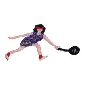 May include: Embroidered patch of a tennis player in action. The figure is wearing a purple dress with yellow dots, a red headband, and red socks. The tennis racket is black. The patch is designed for application on clothing or accessories.