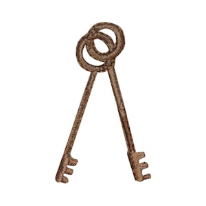 May include: Two brown keys are intertwined at the top and have a traditional key shape with a single hole at the top of each key.