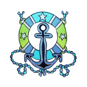 May include: An embroidered patch with a blue anchor and a green and blue life preserver. The anchor has a chain attached to it. The life preserver has white stars on it.