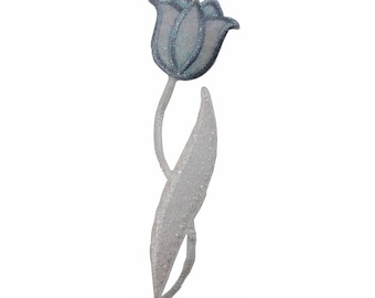 May include: A white and blue glitter tulip with a single stem and leaf.
