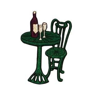 May include: Embroidered patch of a green table and chair set with a bottle of wine and two glasses. The table and chair are both green and have a simple design.