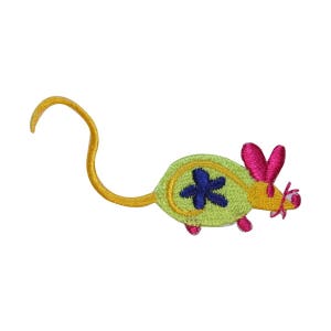 May include: A green embroidered mouse with a pink ear and a blue flower on its back. The mouse has a yellow tail.