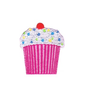 May include: A pink cupcake with white frosting and colorful sprinkles. The cupcake has a red cherry on top.