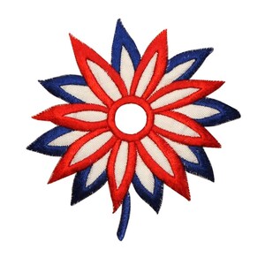 May include: Red, white, and blue embroidered flower with a center hole. The flower has a starburst shape with multiple layers of petals.