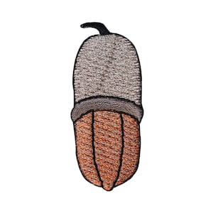 May include: Embroidered acorn patch with a brown and gray color scheme. The acorn is depicted with a cap and a nut.