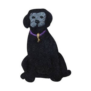 May include: Black embroidered patch of a Labrador Retriever wearing a purple collar with a gold tag.