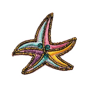 May include: A colorful embroidered starfish patch with a pink, yellow, blue, and purple design. The starfish has three turquoise sequins in the center.