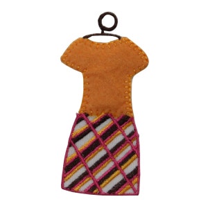 May include: A felt orange shirt with a brown hanger and a pink and white plaid skirt.