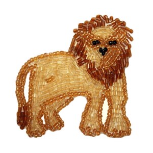May include: A brown beaded lion with a light brown mane. The lion is standing on all fours and has black eyes.