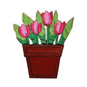 May include: A patch of a potted plant with pink tulips and green leaves. The pot is brown with a black outline.