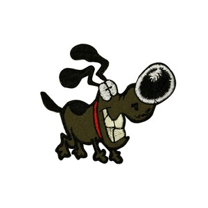 May include: A cartoon dog with brown fur, black eyes, and a big white nose is smiling with its teeth showing. The dog is wearing a red collar and has a black spot on its back.